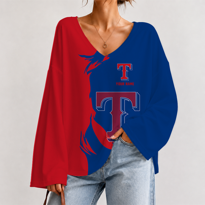[HOMERUN DEAL] NEW CUSTOMIZED MLB08 TRS TEXAS RANGERS V-NECK LONG SLEEVED CROP TOP