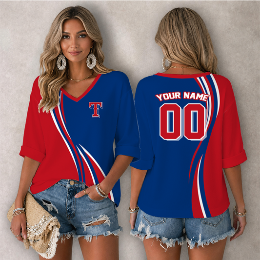 [HOMERUN DEAL] NEW CUSTOMIZED MLB08 TRS TEXAS RANGERS WOMEN'S HEART V-NECK LONG SLEEVE SHIRT