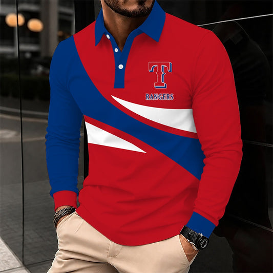 [HOMERUN DEAL] NEW CUSTOMIZED MLB08 TRS TEXAS RANGERS MEN'S LONG SLEEVE POLO