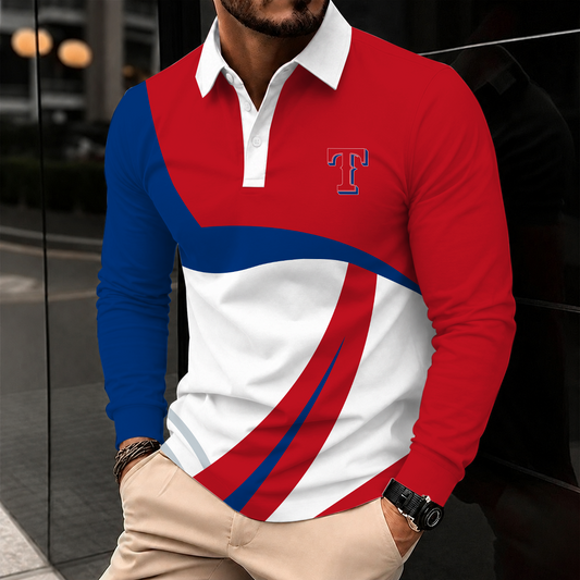 [HOMERUN DEAL] NEW CUSTOMIZED MLB08 TRS TEXAS RANGERS MEN'S LONG SLEEVE POLO
