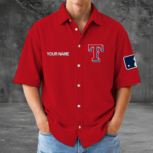 [HOMERUN DEAL] NEW CUSTOMIZED MLB08 TRS TEXAS RANGERS SEERSUCKER BUTTON SHIRT