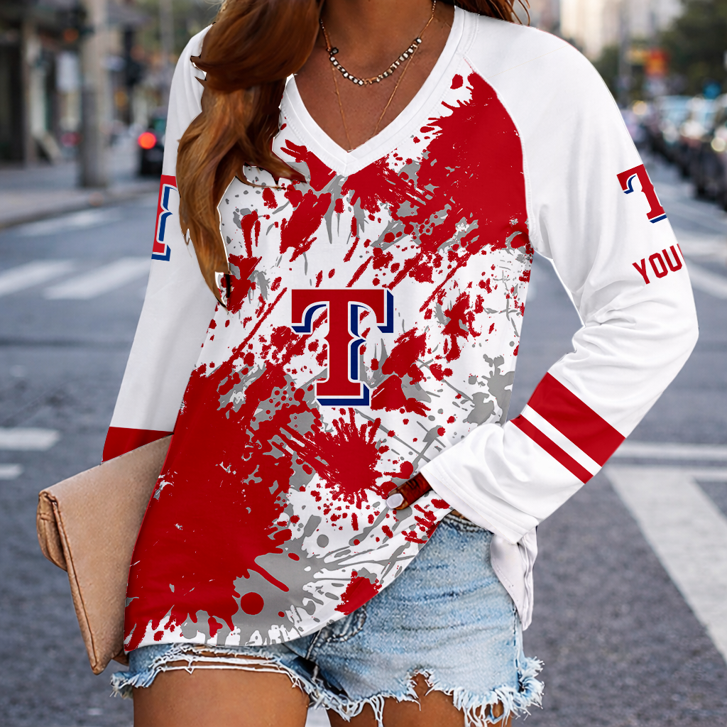 [HOMERUN DEAL] NEW CUSTOMIZED MLB08 TRS TEXAS RANGERS WOMEN'S V-NECK LONG SLEEVED SHIRT