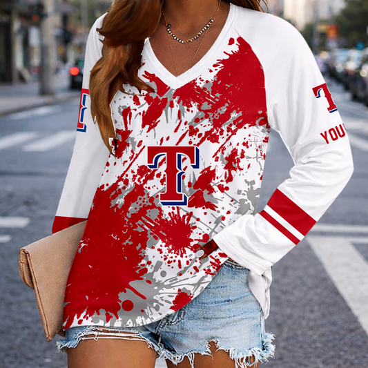 [HOMERUN DEAL] NEW CUSTOMIZED MLB08 TRS TEXAS RANGERS WOMEN'S V-NECK LONG SLEEVED SHIRT