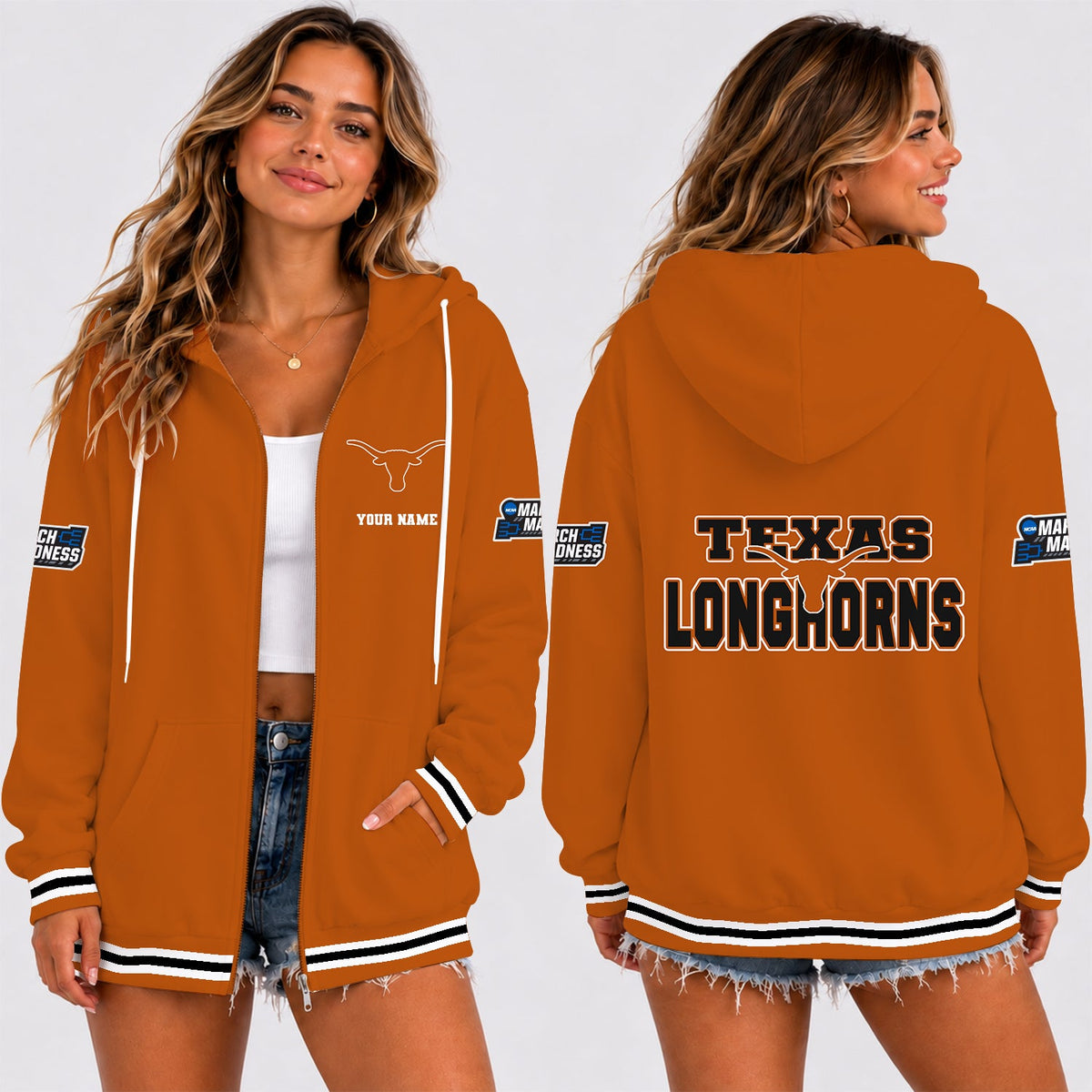 [SLAM DUNK DEAL] NEW CUSTOMIZED NCAA MAM08 TXL TEXAS LONGHORNS STRAPPY ZIP HOODIE