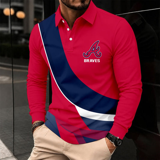 [HOMERUN DEAL] NEW CUSTOMIZED MLB09 ABS ATLANTA BRAVES MEN'S LONG SLEEVE POLO