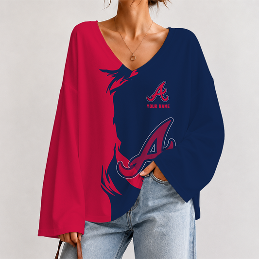 [HOMERUN DEAL] NEW CUSTOMIZED MLB09 ABS ATLANTA BRAVES V-NECK LONG SLEEVED CROP TOP