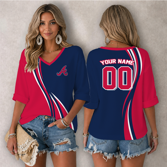 [HOMERUN DEAL] NEW CUSTOMIZED MLB09 ABS ATLANTA BRAVES WOMEN'S HEART V-NECK LONG SLEEVE SHIRT