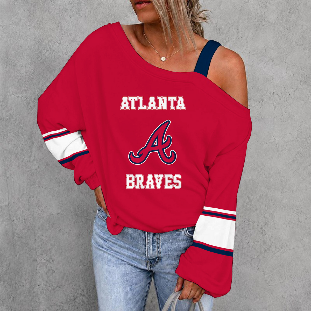[HOMERUN DEAL] NEW CUSTOMIZED MLB09 ABS ATLANTA BRAVES WOMEN'S OFF-SHOULDER LONG SLEEVE SHIRT