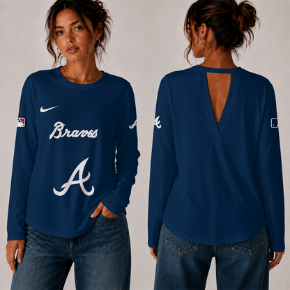 [HOMERUN DEAL] NEW CUSTOMIZED MLB09 ABS THE BRAVES WOMEN'S BACK V-CUT LONG-SLEEVE SHIRT