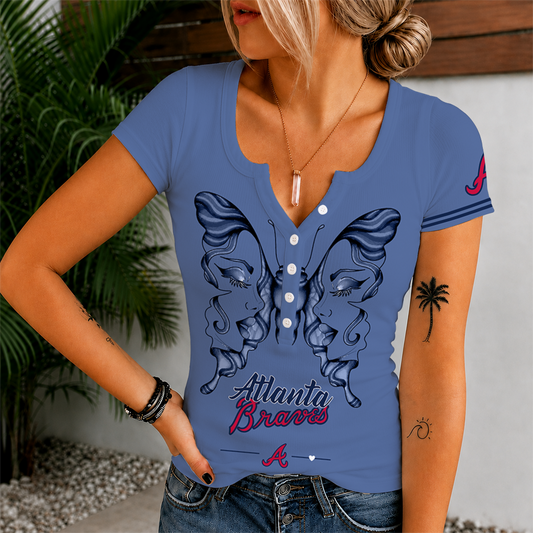 [HOMERUN DEAL] NEW CUSTOMIZED MLB09 ABS ATLANTA BRAVES WOMEN'S SHORT SLEEVE HENLEY T-SHIRT