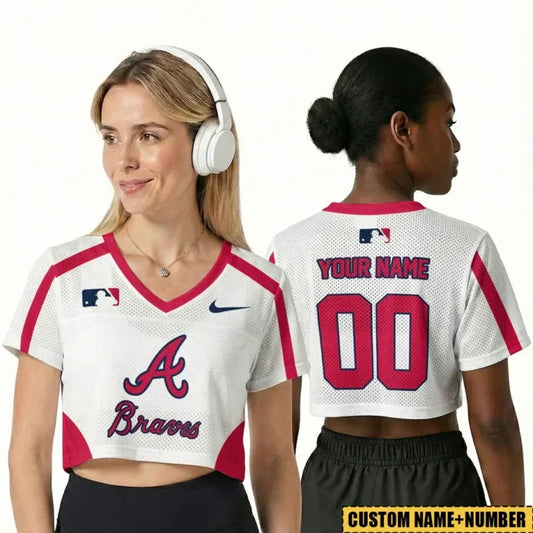 [HOMERUN DEAL] NEW CUSTOMIZED MLB09 ABS ATLANTA BRAVES V-NECK JERSEY CROP TOP
