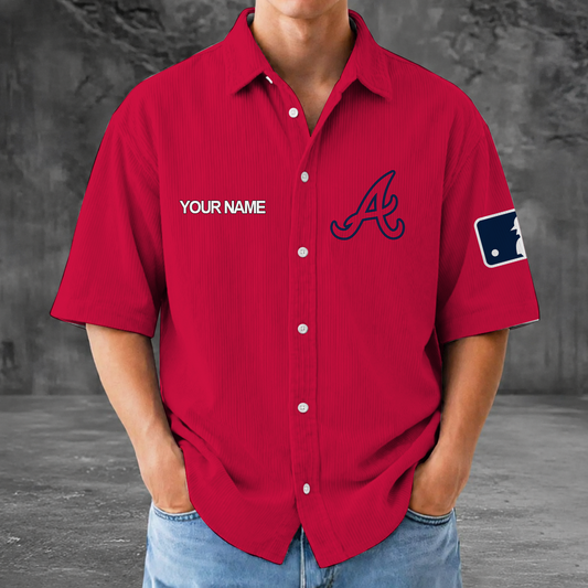 [HOMERUN DEAL] NEW CUSTOMIZED MLB09 ABS ATLANTA BRAVES SEERSUCKER BUTTON SHIRT