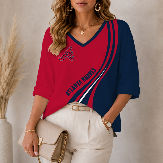 [HOMERUN DEAL] NEW CUSTOMIZED MLB09 ABS ATLANTA BRAVES WOMEN'S HEART V-NECK LONG SLEEVE SHIRT