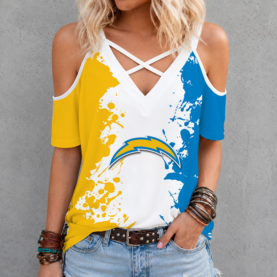[TOUCHDOWN DEAL] NEW CUSTOMIZED NFL09 LAC LOS ANGELES CHARGERS CRISS CROSS V-NECK TOP