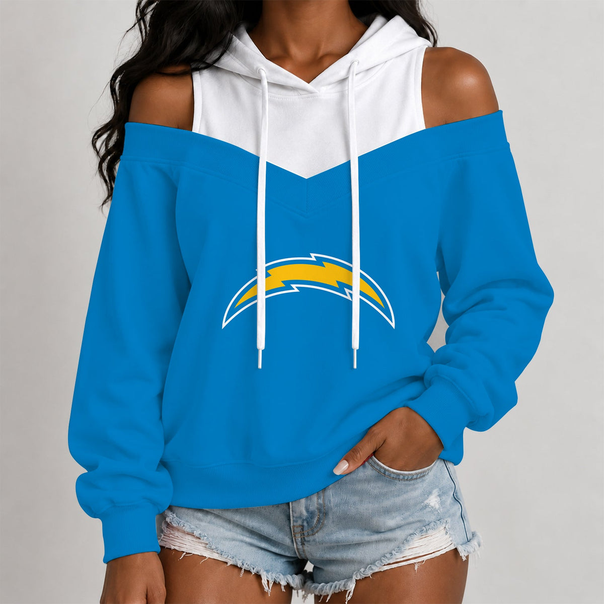 [TOUCHDOWN DEAL] NEW CUSTOMIZED NFL09 LAC THE CHARGERS WOMEN'S OFF-SHOULDER HOODIE