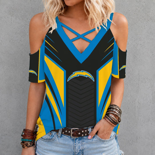 [TOUCHDOWN DEAL] NEW CUSTOMIZED NFL09 LAC LOS ANGELES CHARGERS CRISS CROSS V-NECK TOP