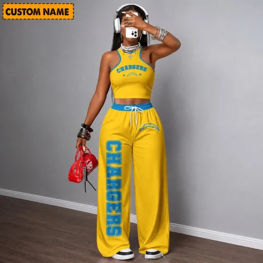 [TOUCHDOWN DEAL] NEW CUSTOMIZED NFL09 LAC LOS ANGELES CHARGERS WOMEN'S CROP TOP & LONGPANTS SET