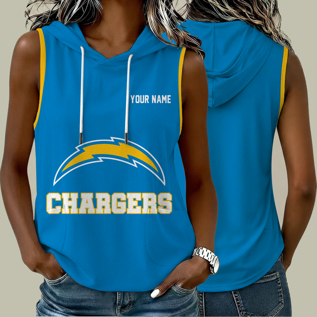 [TOUCHDOWN DEAL] NEW CUSTOMIZED NFL09 LAC LOS ANGELES CHARGERS WOMEN'S SLEEVELESS HOODED POCKET TANK TOP
