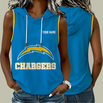 [TOUCHDOWN DEAL] NEW CUSTOMIZED NFL09 LAC LOS ANGELES CHARGERS WOMEN'S SLEEVELESS HOODED POCKET TANK TOP
