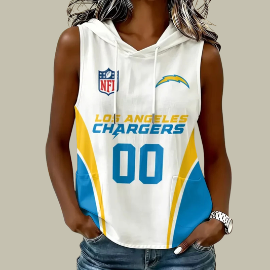 [TOUCHDOWN DEAL] NEW CUSTOMIZED NFL09 LAC LOS ANGELES CHARGERS WOMEN'S SLEEVELESS HOODED POCKET TANK TOP