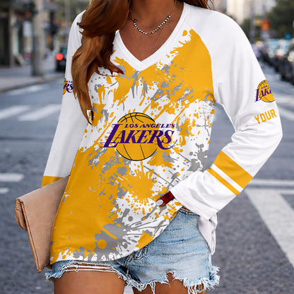 [HOT DEAL] NEW CUSTOMIZED NBA09 LLA LOS ANGELES LAKERS WOMEN'S V-NECK LONG SLEEVED SHIRT