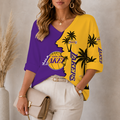[HOT DEAL] NEW CUSTOMIZED NBA09 LLA LOS ANGELES LAKERS WOMEN'S V-NECK LONG SLEEVE SHIRT