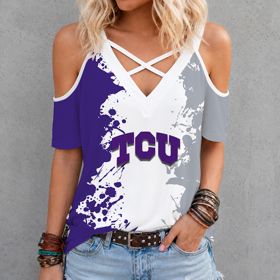 [TOUCHDOWN DEAL]NEW CUSTOMIZED NCAA FBS09 THF TCU HORNED FROGS CRISS CROSS V-NECK TOP
