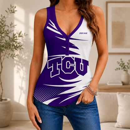 [FAN FAVORITE] NEW CUSTOMIZED NCAA FBS09 THF TCU HORNED FROGS WOMEN'S V-NECK TANK TOP