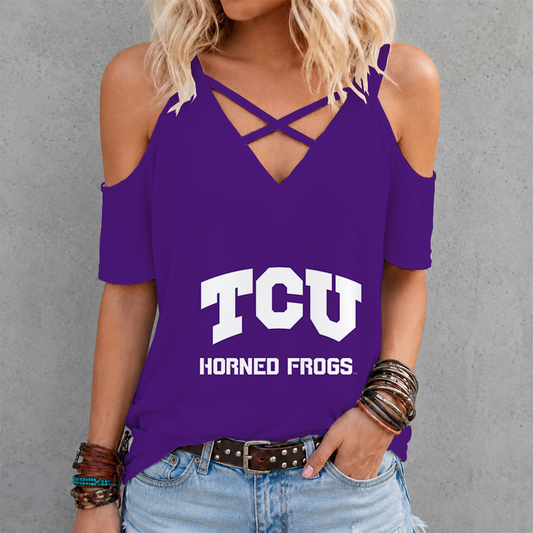 [TOUCHDOWN DEAL] NEW CUSTOMIZED NCAA FBS09 THF TCU HORNED FROGS CRISS CROSS V-NECK TOP