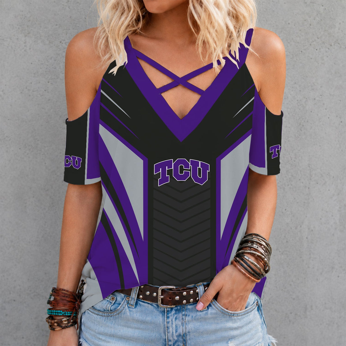 [TOUCHDOWN DEAL] NEW CUSTOMIZED NCAA FBS09 THF TCU HORNED FROGS CRISS CROSS V-NECK TOP