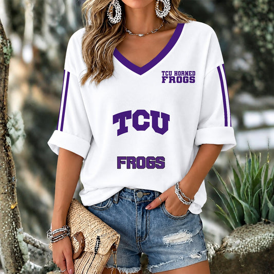 [TOUCHDOWN DEAL] NEW CUSTOMIZED NCAA FBS09 THF TCU HORNED FROGS WOMEN'S V-NECK LONG SLEEVE SHIRT