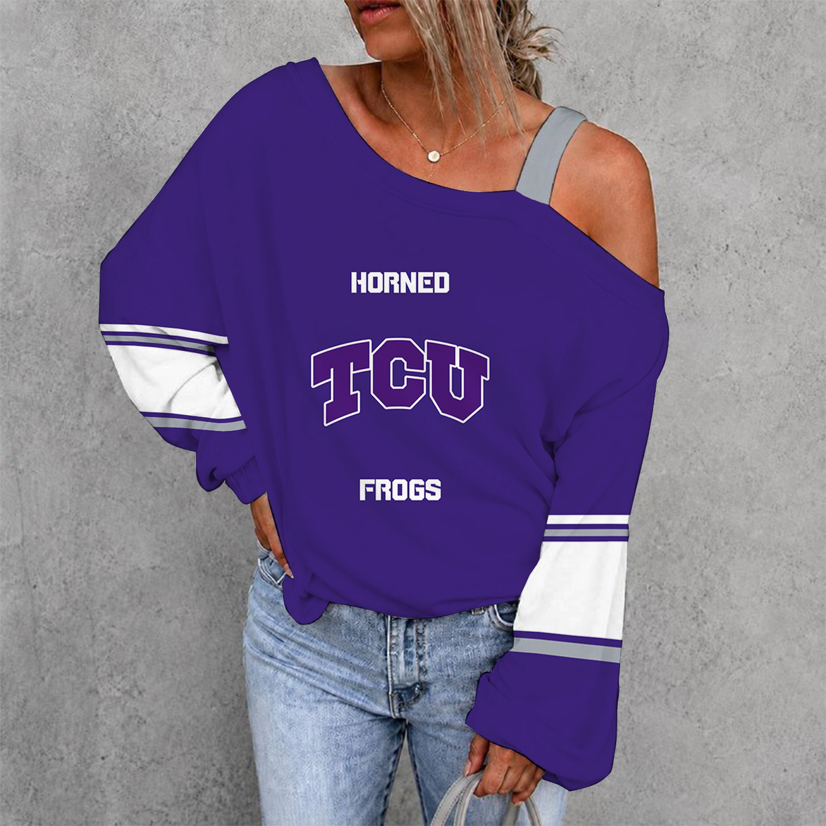 [TOUCHDOWN DEAL] NEW CUSTOMIZED NCAA FBS09 THF TCU HORNED FROGS WOMEN'S OFF-SHOULDER LONG SLEEVE SHIRT