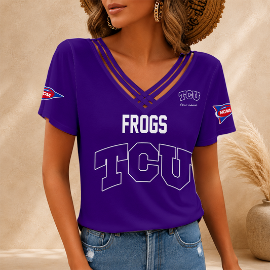 [FAN FAVORITE] NEW CUSTOMIZED NCAA FBS09 THF TCU HORNED FROGS V-NECK SHIRT