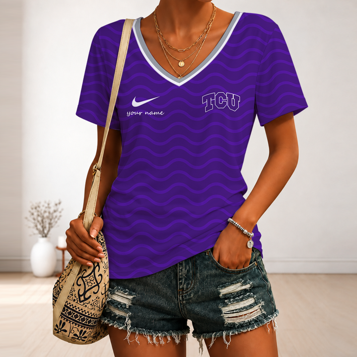 [TOUCHDOWN DEAL]NEW CUSTOMIZED NCAA FBS09 THF TCU HORNED FROGS V-NECK FEMALE SHIRT