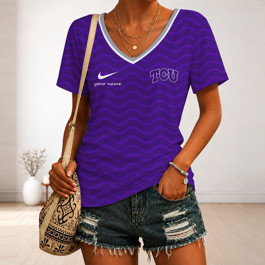 [TOUCHDOWN DEAL]NEW CUSTOMIZED NCAA FBS09 THF TCU HORNED FROGS V-NECK FEMALE SHIRT