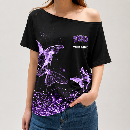 [TOUCHDOWN DEAL]NEW CUSTOMIZED NCAA FBS09 THF TCU HORNED FROGS OFF-SHOULDER SHIRT