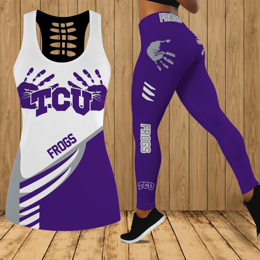 [TOUCHDOWN DEAL]NEW CUSTOMIZED NCAA FBS09 THF TCU HORNED FROGS HOLLOW TANK TOP & LEGGINGS SET