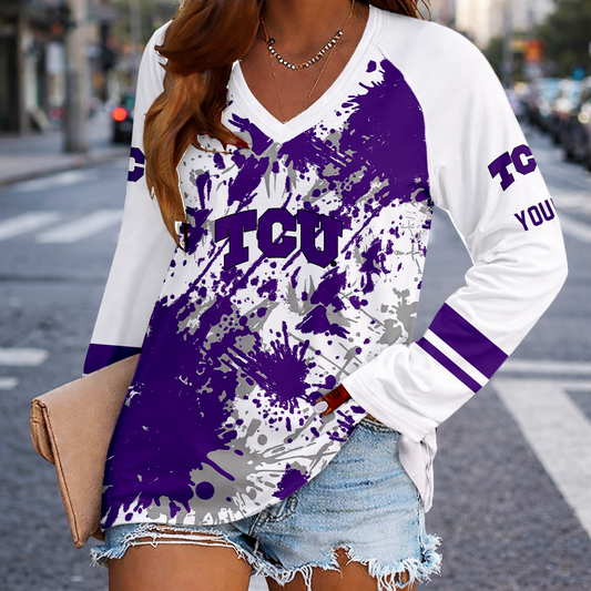[TOUCHDOWN DEAL] NEW CUSTOMIZED NCAA FBS09 THF TCU HORNED FROGS WOMEN'S V-NECK LONG SLEEVED SHIRT