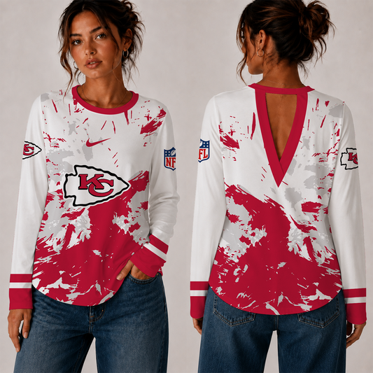 [TOUCHDOWN DEAL] NEW CUSTOMIZED NFL01 KCC KANSAS CITY CHIEFS WOMEN'S BACK V-CUT LONG-SLEEVE SHIRT