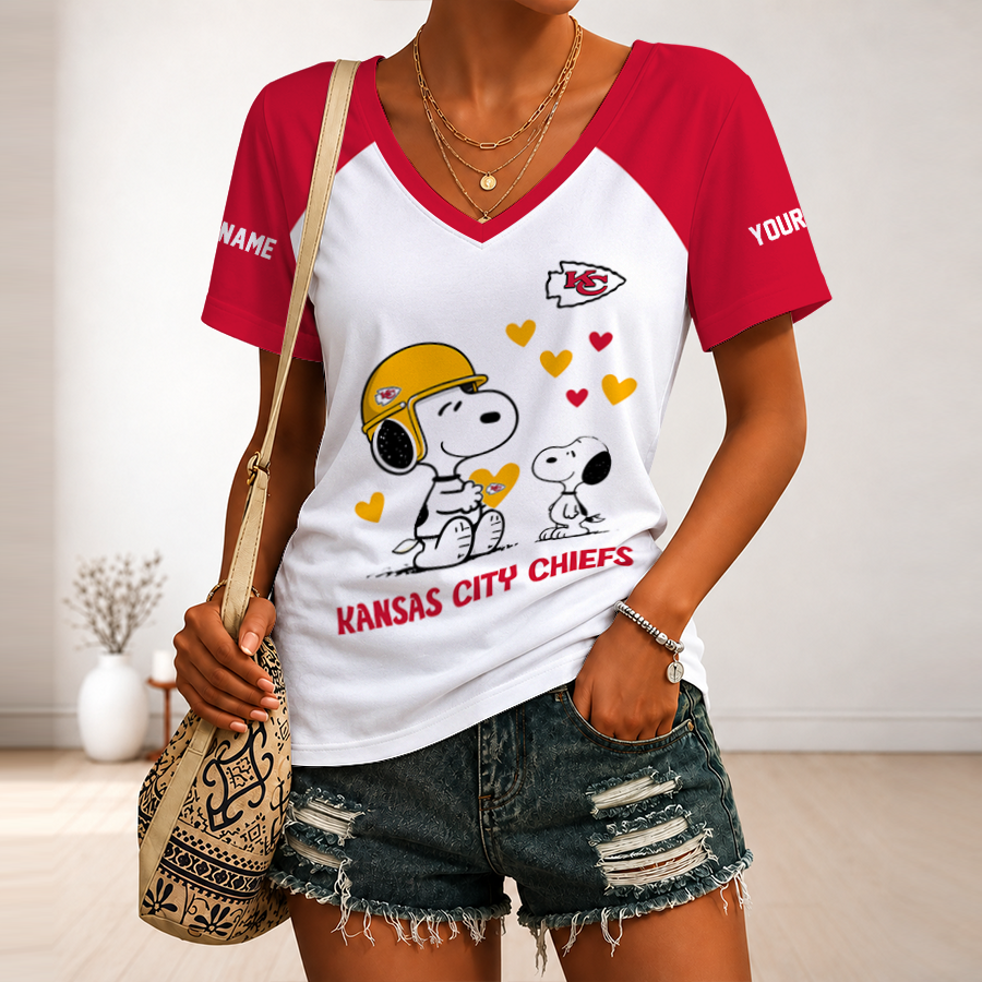 [TOUCHDOWN DEAL] NEW CUSTOMIZED NFL01 KCC KANSAS CITY CHIEFS V-NECK FEMALE SHIRT
