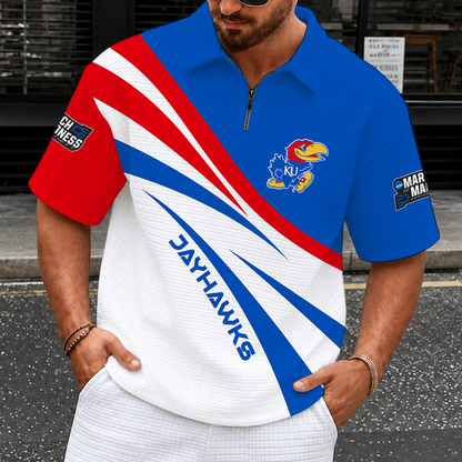 [SLAM DUNK DEAL] NEW CUSTOMIZED NCAA MAM01 KSJ KANSAS JAYHAWKS QUARTER-ZIP POLO SHIRT