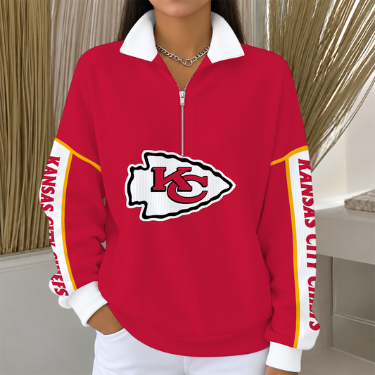 [TOUCHDOWN DEAL] NEW CUSTOMIZED NFL01 KCC KANSAS CITY CHIEFS QUARTER ZIP RIBBED SWEATER
