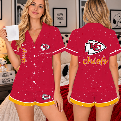 [TOUCHDOWN DEAL] NEW CUSTOMIZED NFL01 KCC THE CHIEFS WOMEN'S V-NECK SHORT PAJAMAS SET