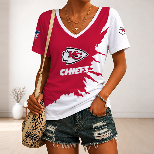 [TOUCHDOWN DEAL] NEW CUSTOMIZED NFL01 KCC KANSAS CITY CHIEFS V-NECK FEMALE SHIRT