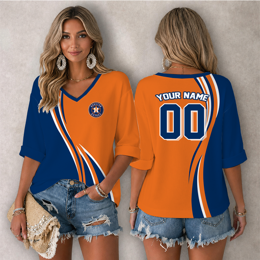 [HOMERUN DEAL] NEW CUSTOMIZED MLB10 HAS HOUSTON ASTROS WOMEN'S HEART V-NECK LONG SLEEVE SHIRT
