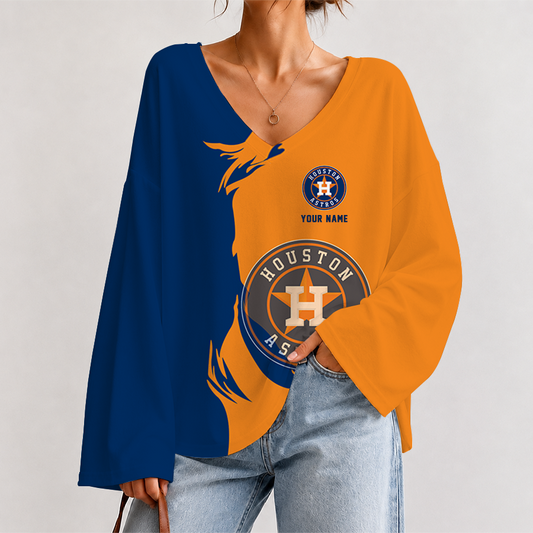 [HOMERUN DEAL] NEW CUSTOMIZED MLB10 HAS HOUSTON ASTROS V-NECK LONG SLEEVED CROP TOP