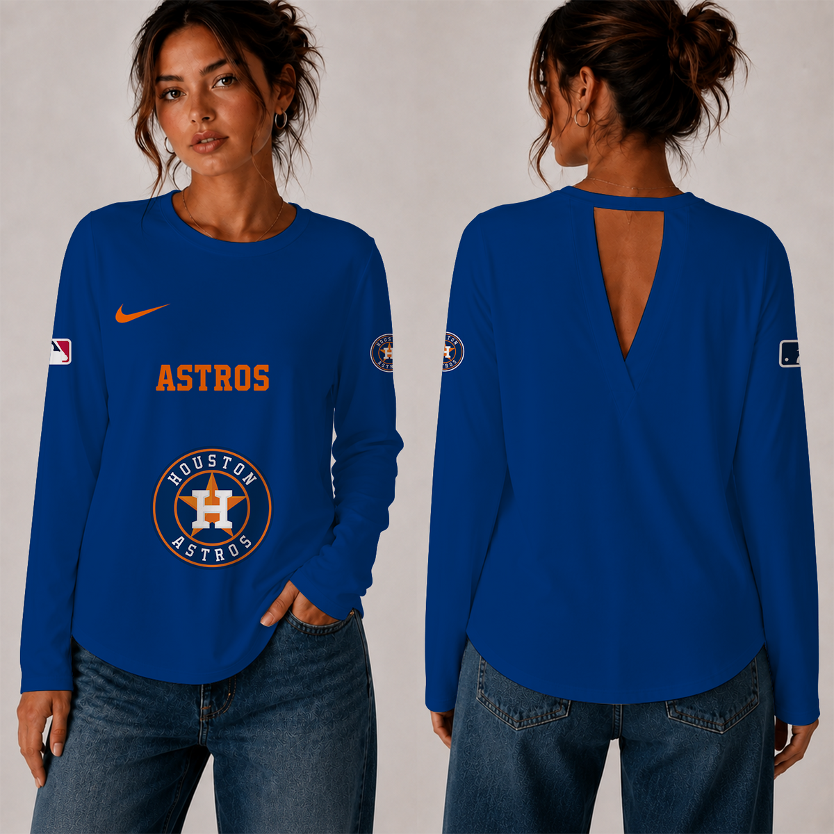 [HOMERUN DEAL] NEW CUSTOMIZED MLB10 HAS THE ASTROS WOMEN'S BACK V-CUT LONG-SLEEVE SHIRT