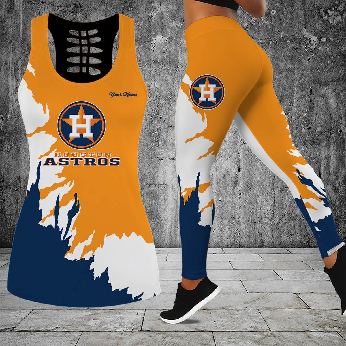 [HOMERUN DEAL] NEW CUSTOMIZED MLB10 HAS HOUSTON ASTROS HOLLOW TANK TOP & LEGGINGS SET