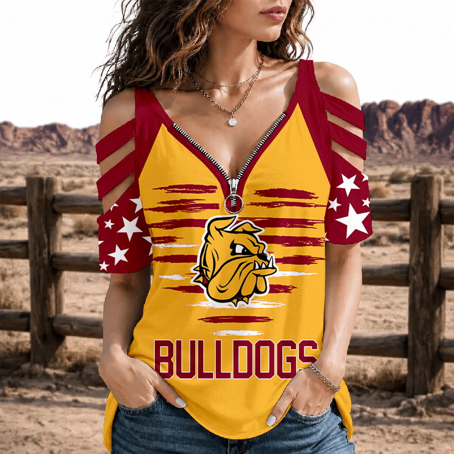 [PUCK DROP DEAL] NEW CUSTOMIZED NCAA MFF10 MDB MINNESOTA DULUTH BULLDOGS STRAPPY COLD-SHOULDER TOP