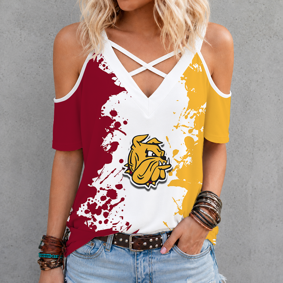 [PUCK DROP DEAL] NEW CUSTOMIZED NCAA MFF10 MDB MINNESOTA DULUTH BULLDOGS CRISS CROSS V-NECK TOP